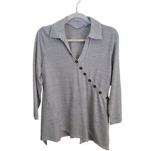 Soft Surroundings Tamara Tunic Green White Striped Collars V Neck Size PM